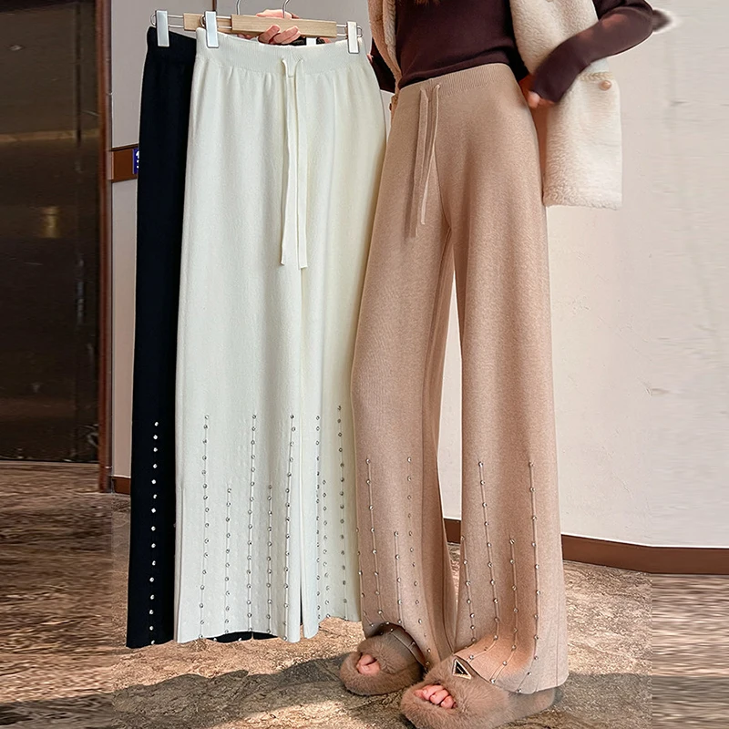 Fashion Rhinestone Decor Knitted Pants Autumn Women High Waisted Thick Straight Leg Trousers Female Loose Fitting Casual Pants