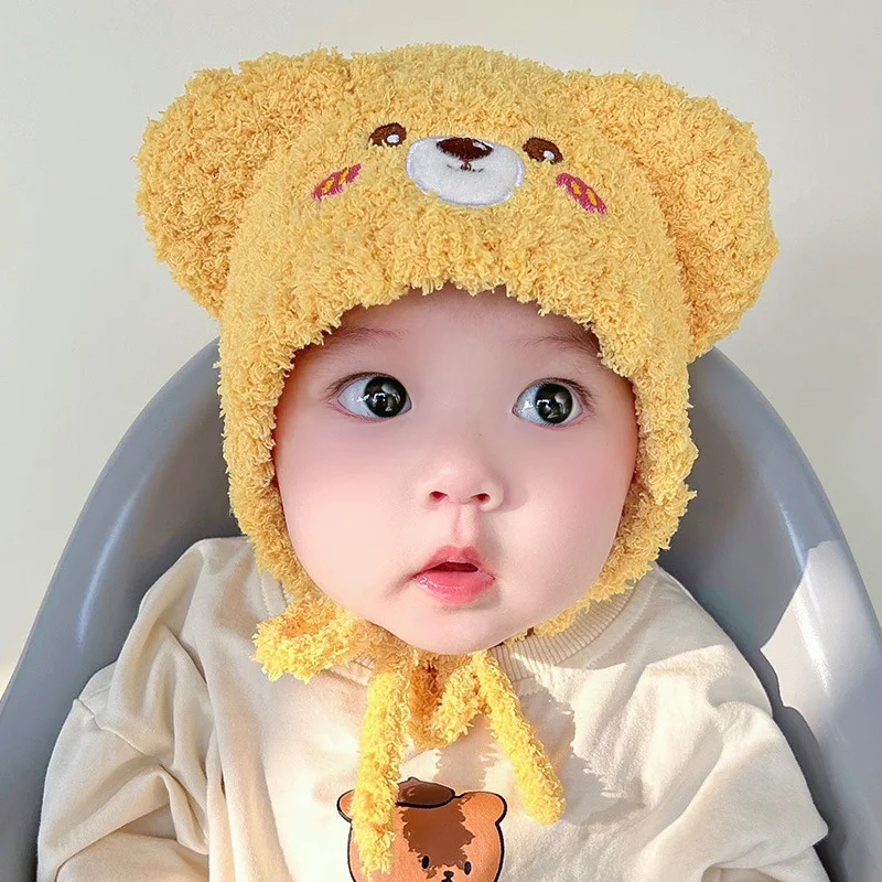

Зимняя детская плюшевая шапка для защиты ушей, флисовые детские наушники из ягненка, шапка с мультяшным медведем, детская шапочка, толстый теплый головной убор для новорожденных, чепчик