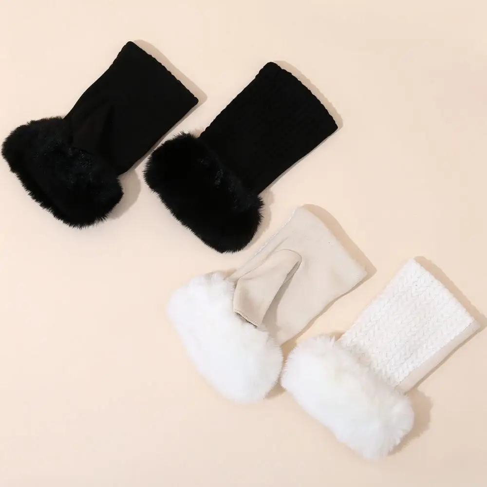 Knitted Half Finger Mittens Winter Thermal Fingerless Gloves Cable Pattern Plush Lined Soft Women Hand Warmers Wear