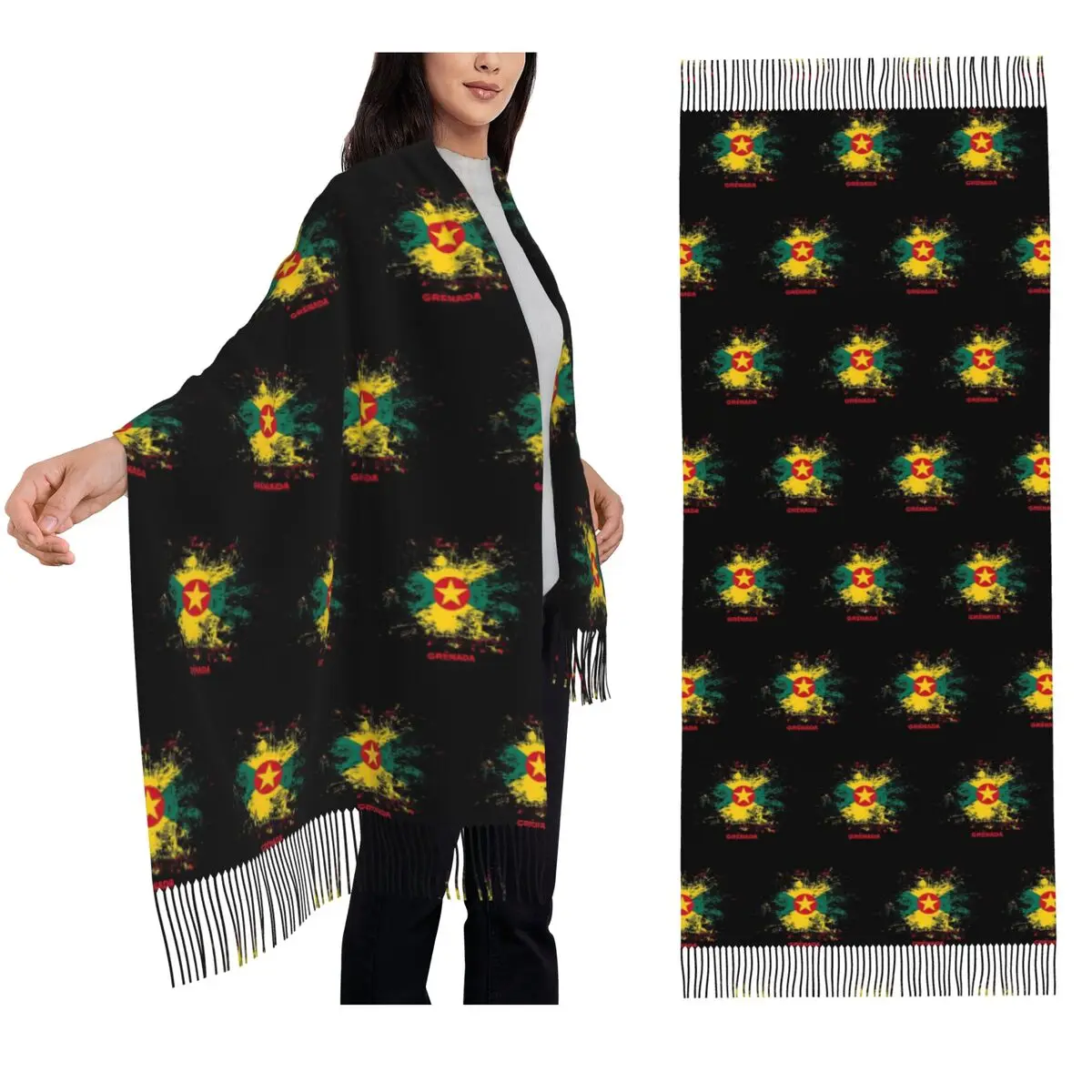 

Grenada Watercolor Flag Of Grenada Grenadian Outfit Scarf Tassel Scarves for Women Shawls and Wraps Large Fall Winter Shawl Wrap
