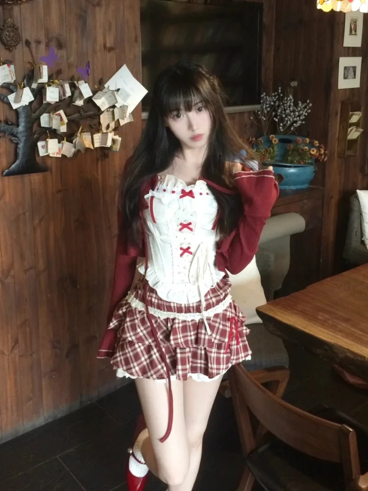 Kawaii Lolita Style Sweet 3 Piece Set Woman Cute Short Cardigan Bow Floral Vest Y2k Plaid Mini Skirts Female Korean Fashion Suit