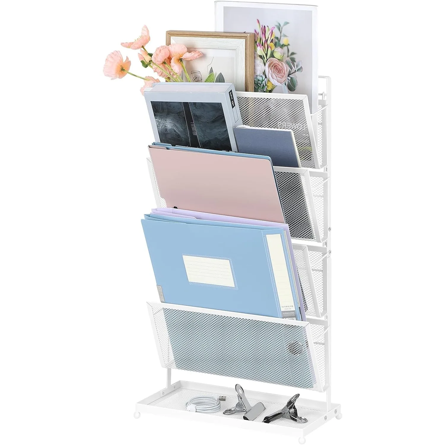

4-Tier Vertical Metal Mesh Desk File Organizer - Holds Files/Magazines/Papers, Paper Tray, Office & Home Storage, White