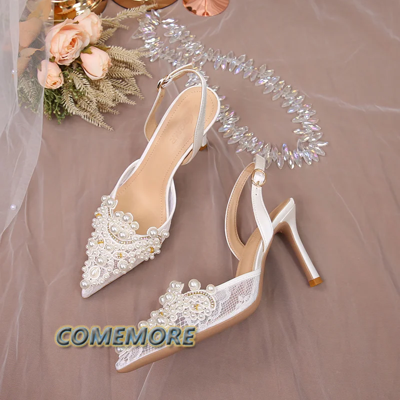 Sandals Shoes for Women 2023 White Luxury Wedding Shoes Bridal Female Lace Fashion High Heels Pearl Summer Footwear Pointed Toe