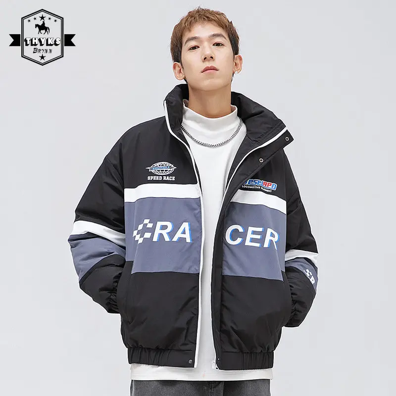 Winter Coat Men Racing Puffer Jacket Thicken Warm Contrast Printed Harajuku Down Parka Unisex Oversize Women Causal Couple Coats