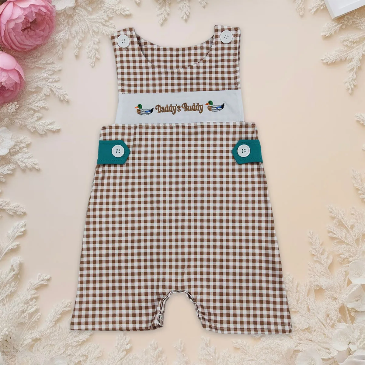

Новый комбинезон для новорожденных мальчиков с вышивкой уток и принтом «Папа-компаньон», клетчатый охотничий стиль, самый милый детский комбинезон, оптовая продажа детской одежды для малышей