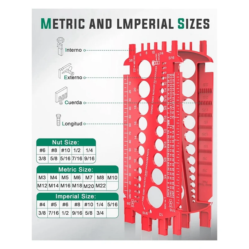 Calibrador de pernos (métrico y SAE), calibrador de pernos para un tamaño rápido de tuercas y pernos, herramienta de medición de pernos de plástico, indicador de rosca