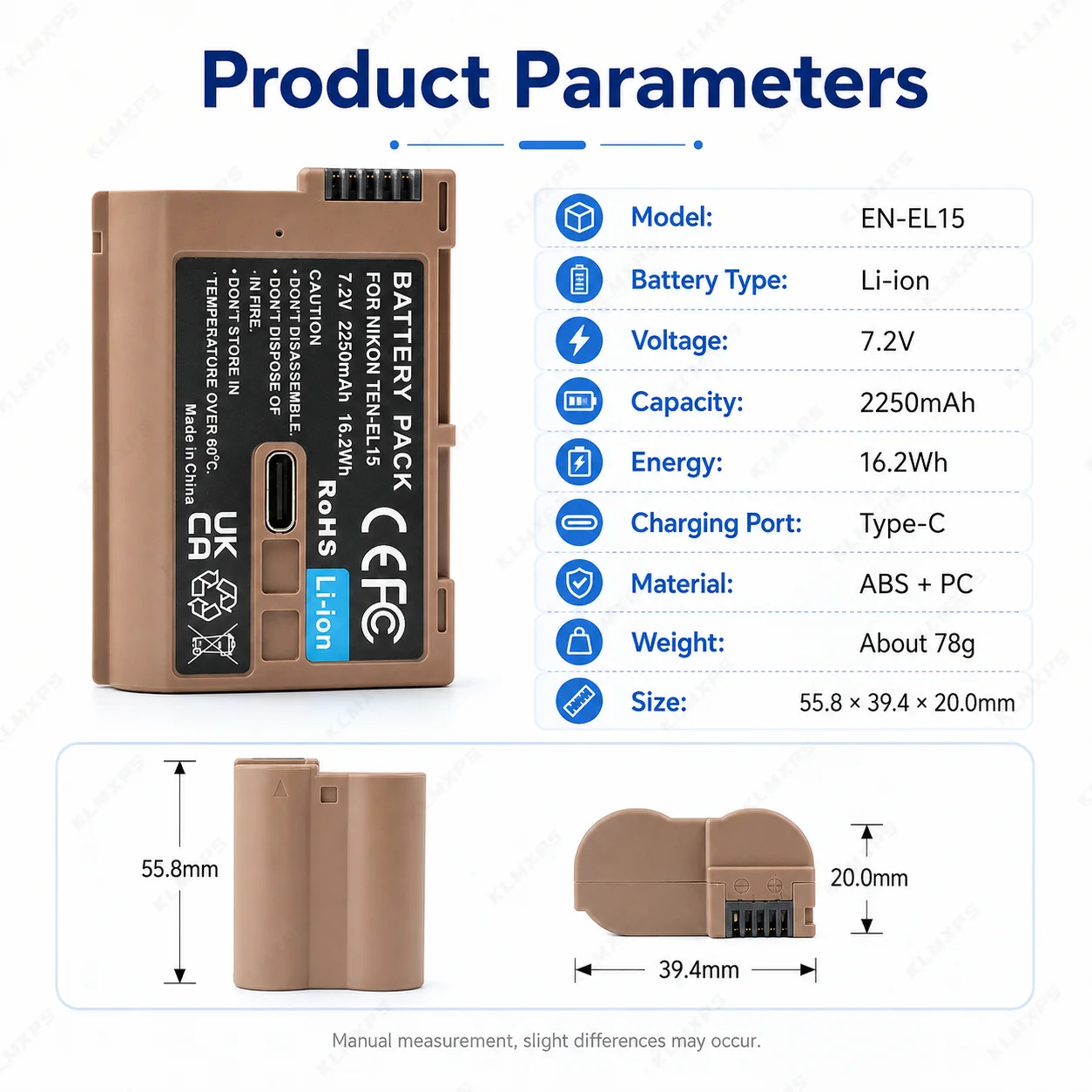 EN-EL15Type-C Rechargeable CameraBattery 7.2V2250mAh Li-ion Replacement Battery with USB line forNikon D810 D800 D750 D610 D7000