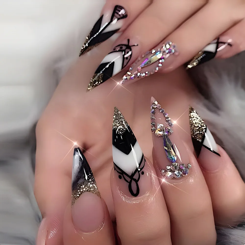 

2026 New Minimalist Gold Glitter Nail Art with Iridescent Rhinestone False Nail Stickers