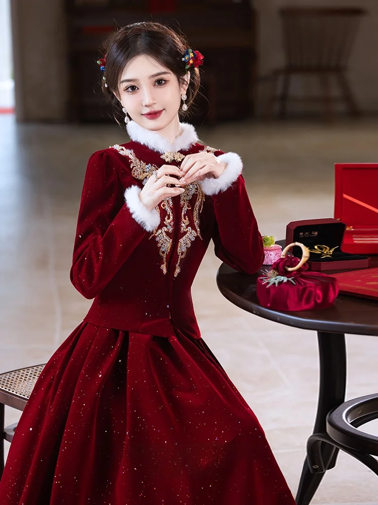 

Wedding Dr New Chinese Sle Long Sve Thi Qipao for Bride Winter Ele Sensation Evening Gown Polyester Fiber