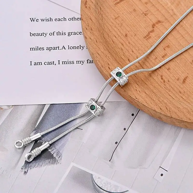 

925 Sterling Silver 1.5mm Thin Snake Chain 70cm Adjustable Long Link Necklace Women CZ Duo Oblong Charm Trendy Simple Necklaces