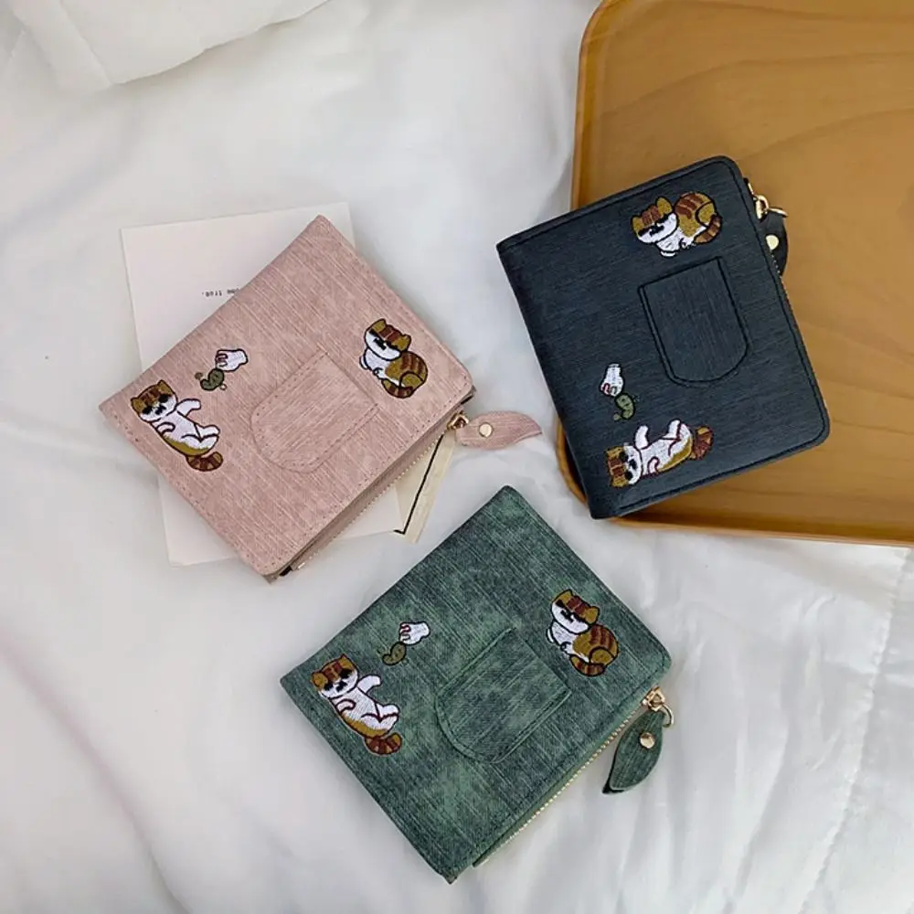 Portafoglio per gatti ricamato in stile coreano semplice, pochette corta ultra sottile, portamonete con cerniera, borsa per carte di tela da donna