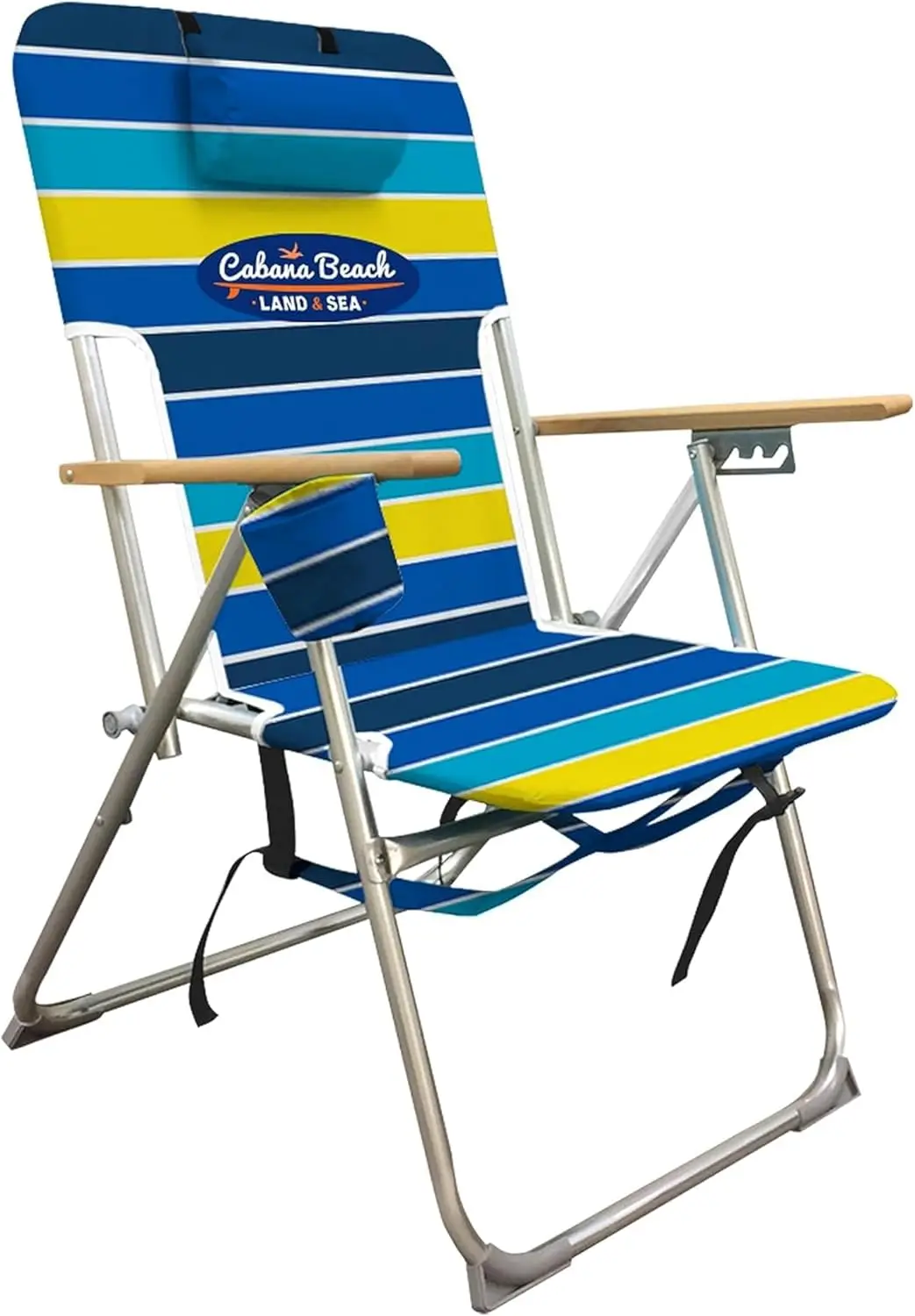

Folding Beach Chair with 4 Positions, Portable Backpack Camping Chair with Headrest, Cup Holder, Wooden Armrests, 300 lbs