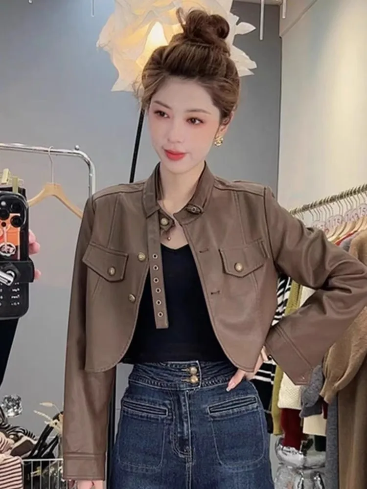 

Bury ort Motorcycle Jaet Women's Spring Autumn American Retro ular Small Size Slimming PU Leather Coat