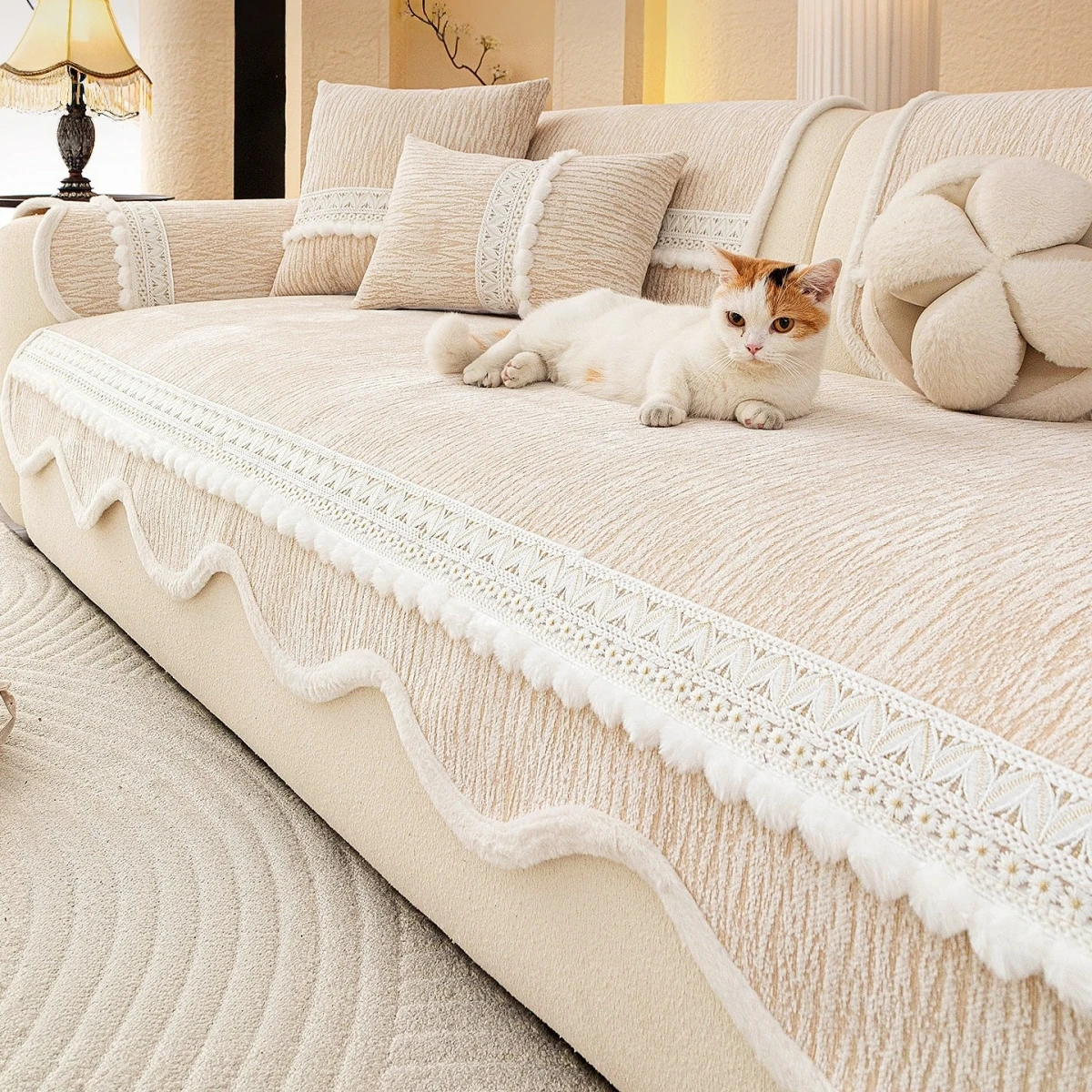 Solid Textured Jacquard Chenille Sofa Cover with Pom-Poms Warm Winter Non-Slip Couch Seat Cover Pet Friendly Furniture Protector