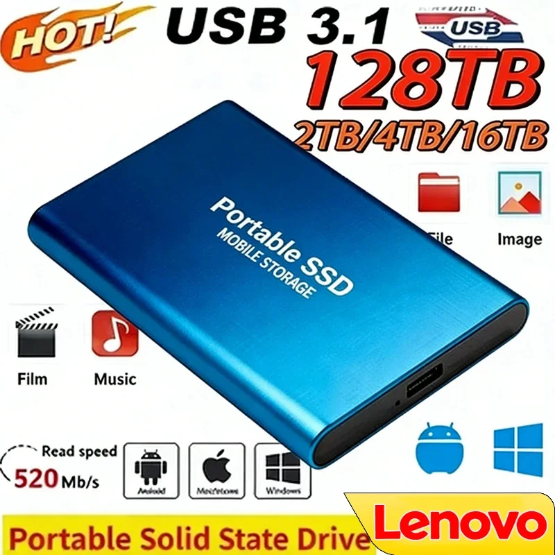 

Внешний твердотельный накопитель Lenovo 1 ТБ, высокоскоростной жесткий диск 2 ТБ, портативный SSD USB 3.1 128 ТБ для ПК/ноутбука/Mac/телефона