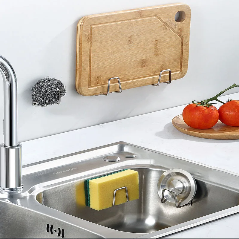 Kitchen stainless steel sink shelf sponge support adhesive drainage pipe drying rack wall hanging hook accessories organizer