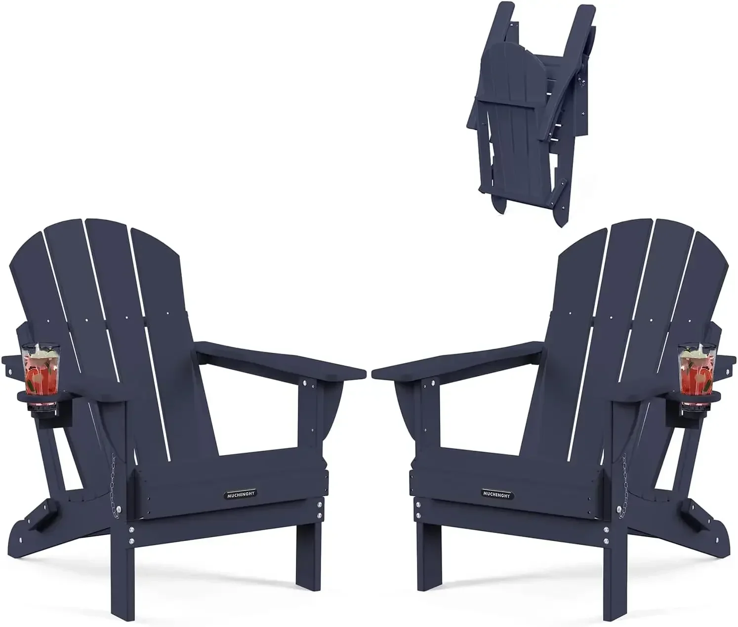 Folding Adirondack Chairs 2 Pack, Patio & Outdoor Chairs, Plastic Weather Resistant with Cup Holder for Deck, Backyard, Garden (