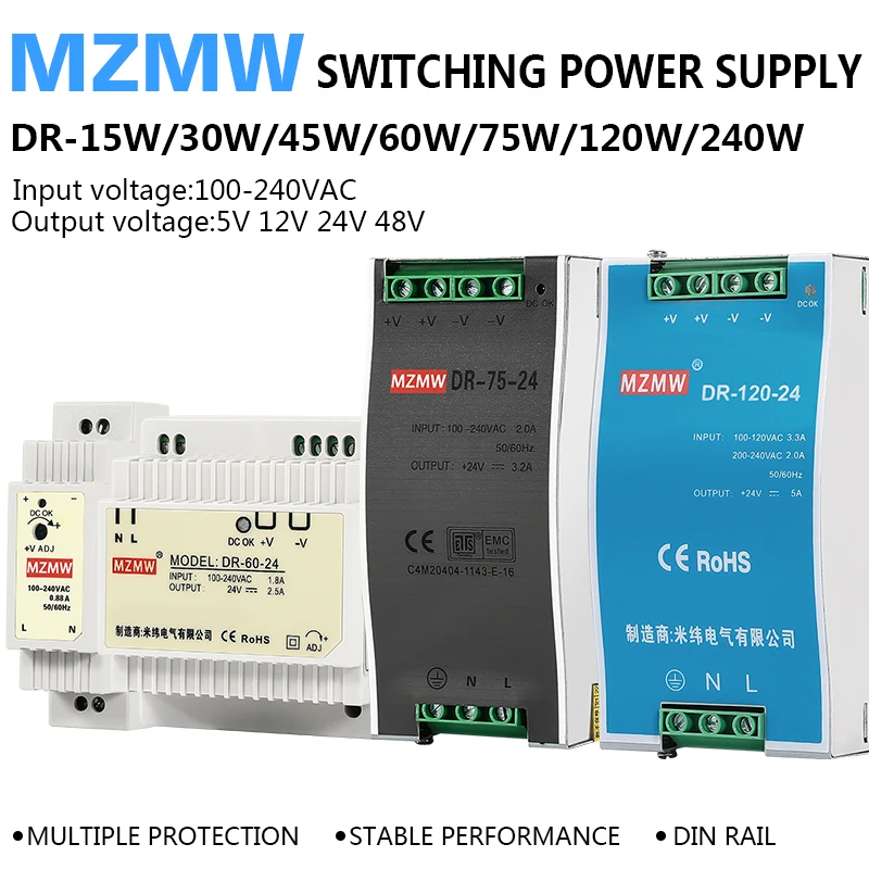 DR 15W 30W 60W 75W 120W 240W Alimentatore switching su guida DIN industriale 100-240V AC A DC 12V 24V Trasformatore CCTV a luce led