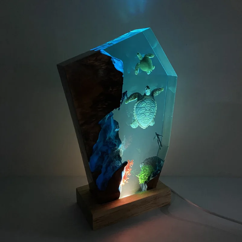 Submarino aventura organismo resina luz de mesa arte criativa decoração lâmpada mar tartaruga mergulhador tema luz da noite carga usb