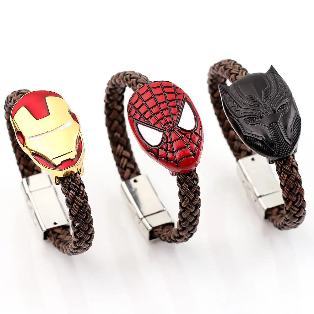 Miniso Disney Boys Children's Bracelet Marvel Spider-Man Iron Man Black Panther Leather Bracelet Fashion Men's Jewelry Wholesale