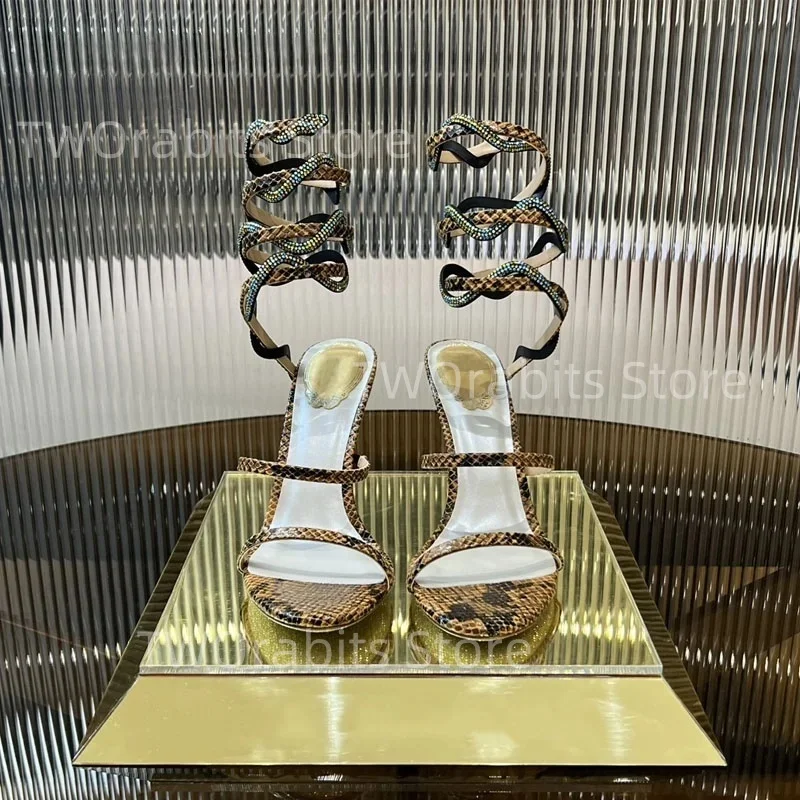Rhinestone Strappy Sandals Snake Print Colorblock Light Women's Rainbow Luxury Sexy Elegant Banquet Party Open-Toe High Heels