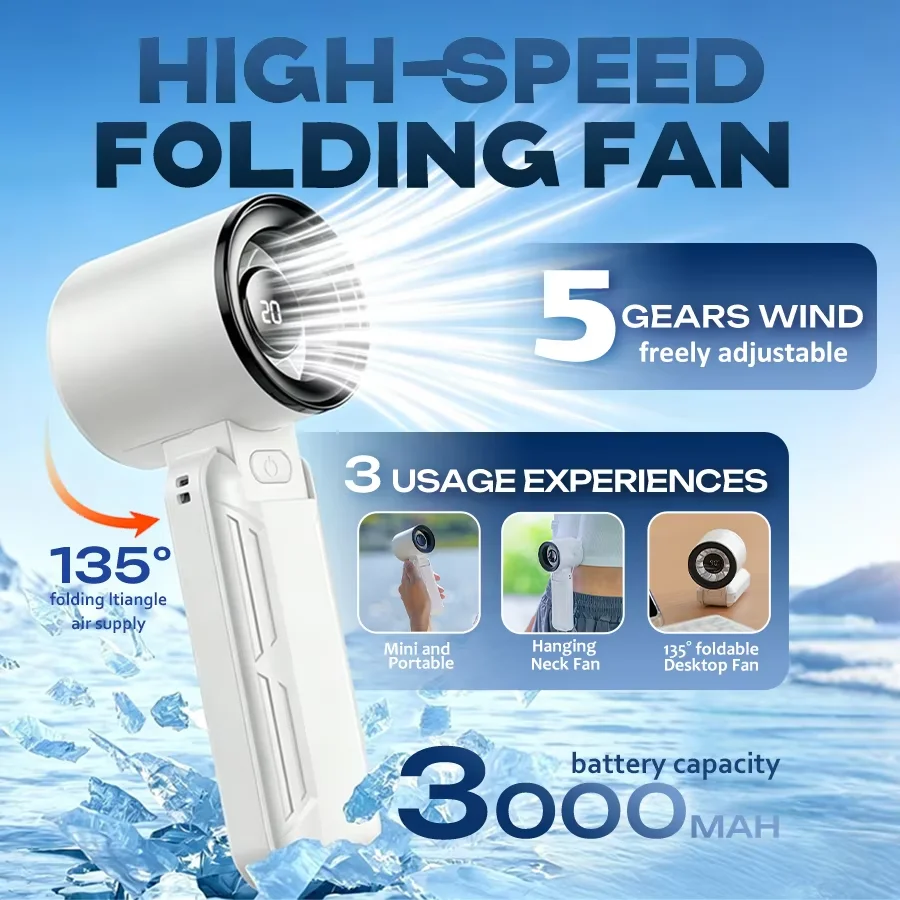 5 Speed High Speed Handheld Fan, 3000mAh Rechargeable, LED Display, Quiet Powerful, Neck Fan with Lanyard, 135° Foldable Desktop