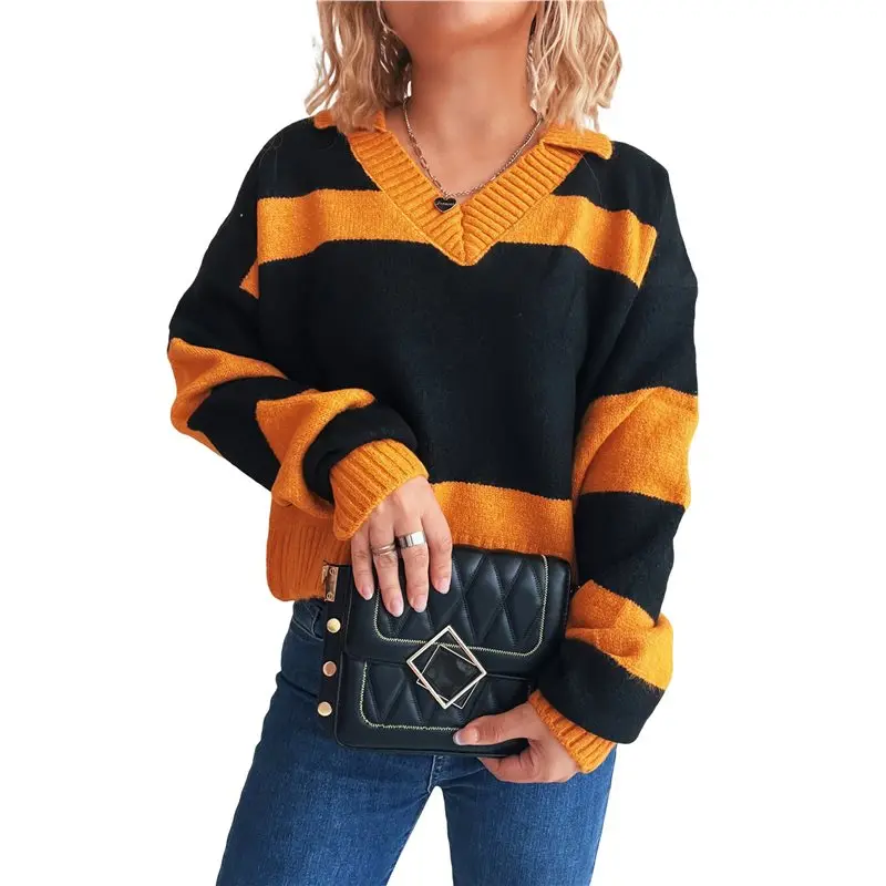 

CYL-Women Fall V Neck Sweater Color Block Long Sleeve Shirt Casual Loose Striped Pullover Sweaters
