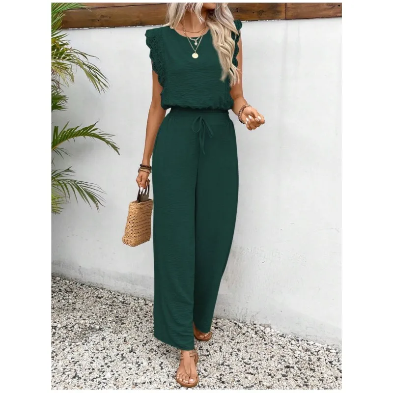 2025 women's spring and summer work pants with ruffled sleeves square collar drawstring solid color and pleated craft pants set