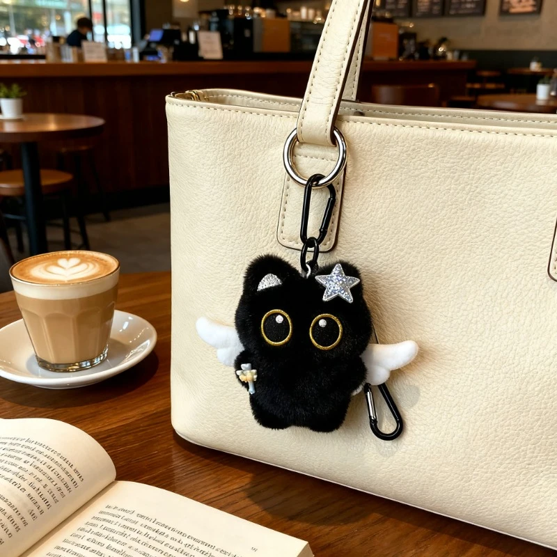 Adorable Black Cat Plush Keychain Cartoon Angel Wings Kitten Soft Pendant Perfect Gift for Couples and Friends Family