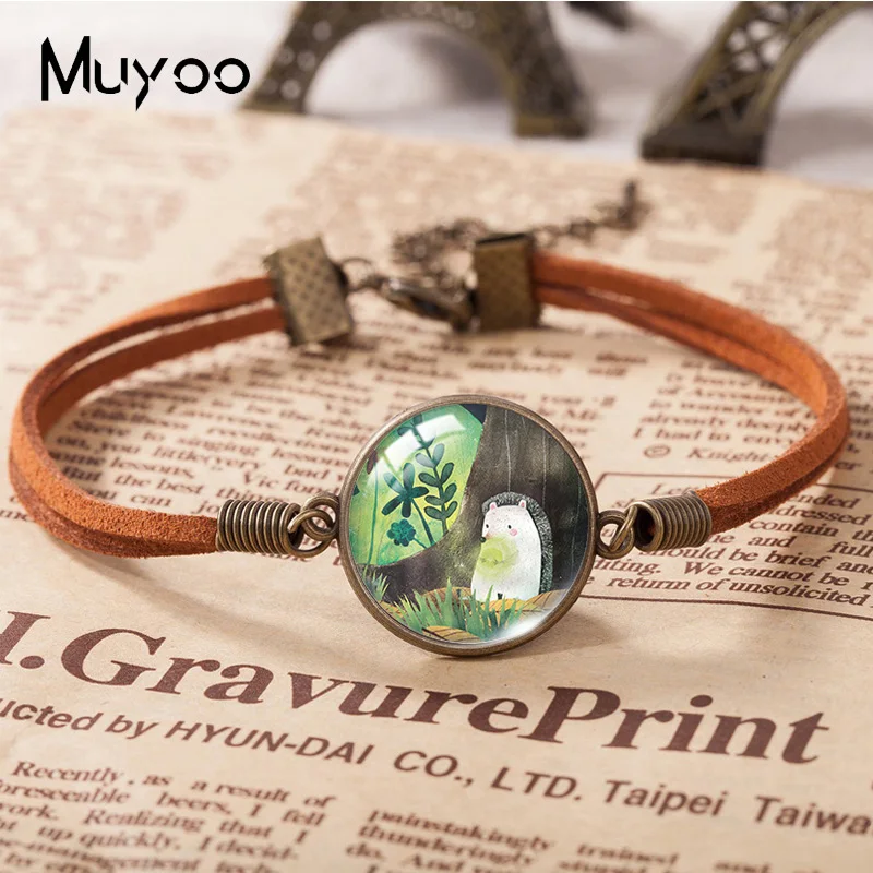 2023 New Cute Hedgehog Leather Bracelet Animal Painting Glass Dome Photo Bracelets Handmade Jewelry For Women