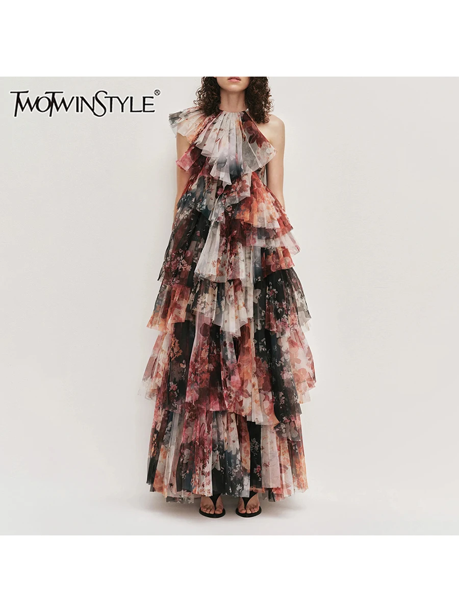 TWOTWINSTYLE Colorblock Spliced Ruffle Loose Maxi Dresses for Women Round Neck Sleeveless Patchwork Button Dress Female Style