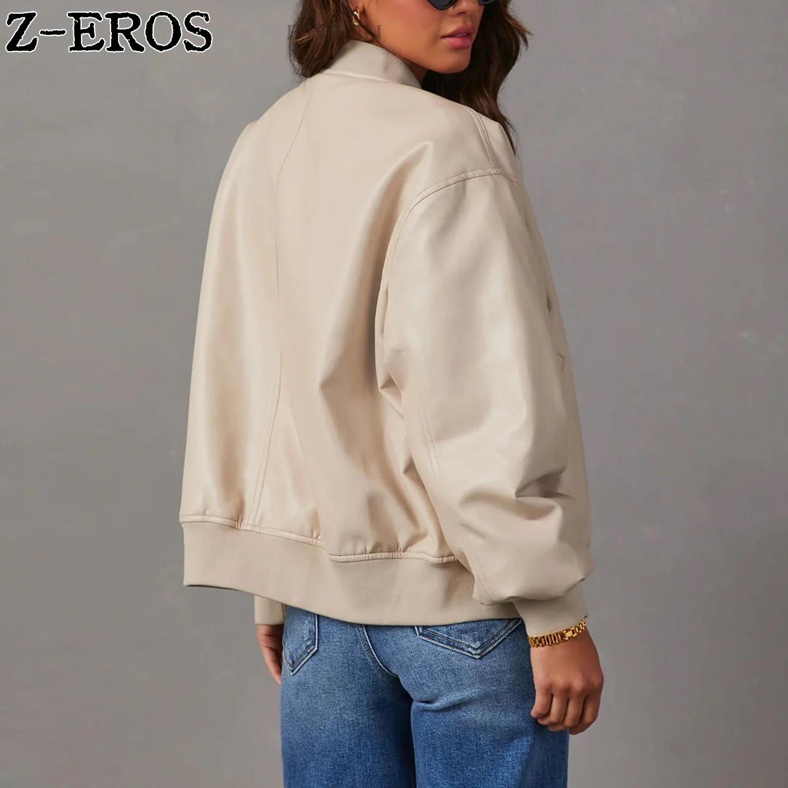 Z-EROS Pu Leather Jacket Solid Color Women\'s Long Sleeved Zipper Loose Autumn Fashion Versatile Street Women\'s Short Coat Pocket