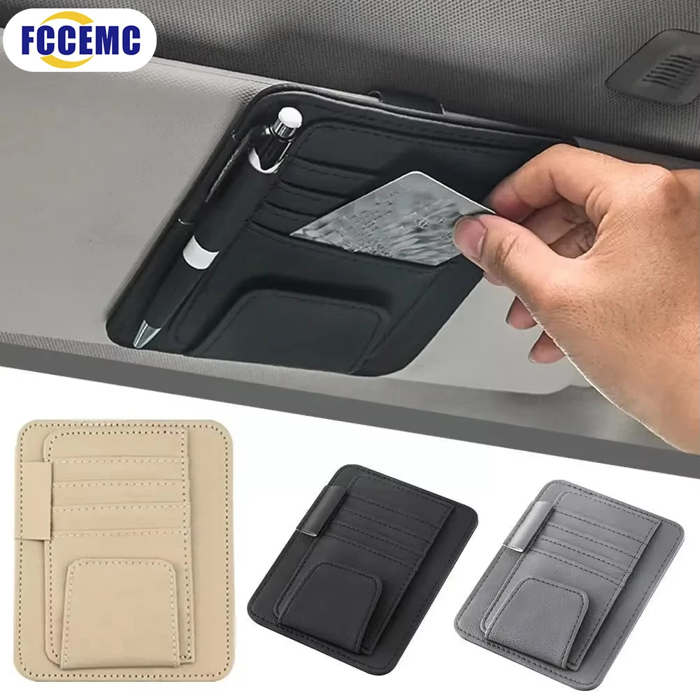 Black Car Sun Visor Organizer Beige Multi-pocket Auto Interior Accessories Leather Sunglasses Holder Card Glasses Clip Sunshade