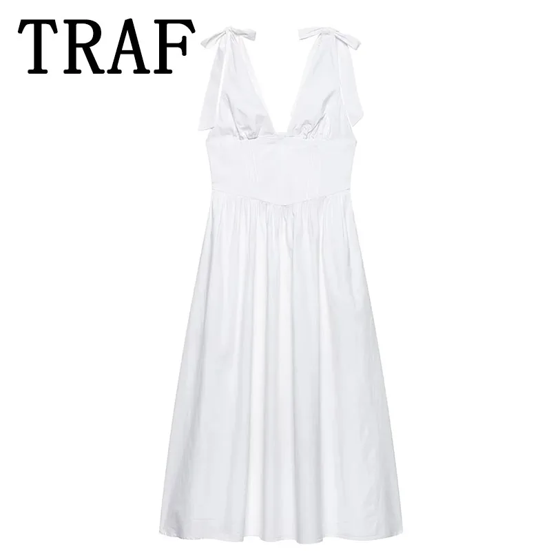 TRAF Dress Woman Sleeveless V-neck Elegant Casual Dresses Elegant Bow Decoration Dresses for Women New Evening Party Dresses