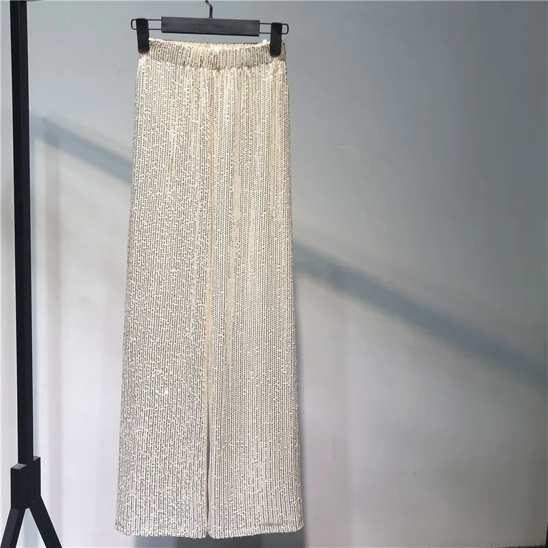 New Fashion Sequin Wijde Pijpen Broek Zwart Apricot Koreaanse Stijl Vrouwen Broek Hoge Taille Rechte Buis Losse Dweilen Lange Broek