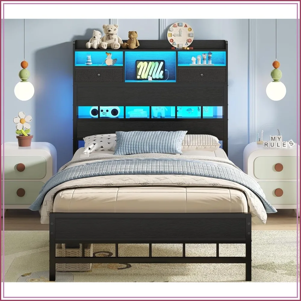 Twin Bed Frame with Storage Headboard, Charging Station & Lights, Black