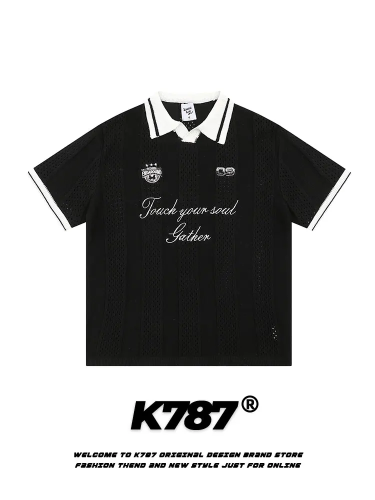 

K787 American Retro Embroidered Striped Men's irt Loose Fit ort Sve T-irt Youth Summer Faion Streetwear