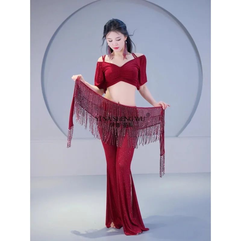Sparkle Sheer Mesh Outfit Oriental Dance Costume Class Wear Girls Belly Dance Flare Trousers Shimmy 3pcs Suit Top Pants Belt