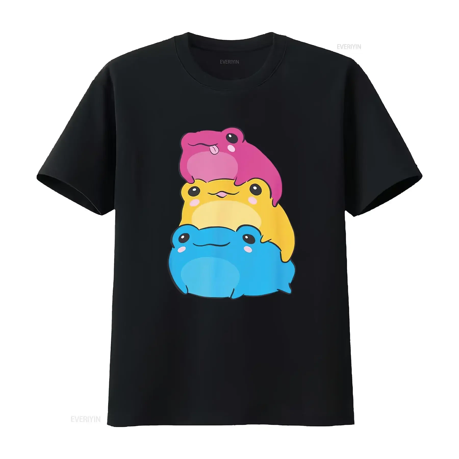 

Pansexual Flag Frogs Stack Cute Graphic Tee Soft Cotton Crew Neck T-Shirt Unisex Casual Trip