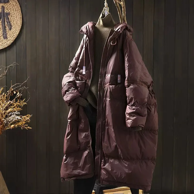 

New High-end Down Jacket Women Long Hooded White Duck Down Korean Style Oversized Loose Versatile Stylish Trendy Chubby Girls