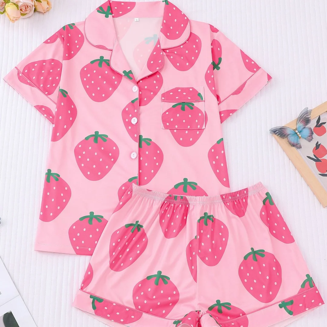 

Fruit Themed Pajama with Strawberry Print Pink Lapel Short Sleeve Shorts Loungewear Home Wear Set Clothes Valentine's Day Gifts