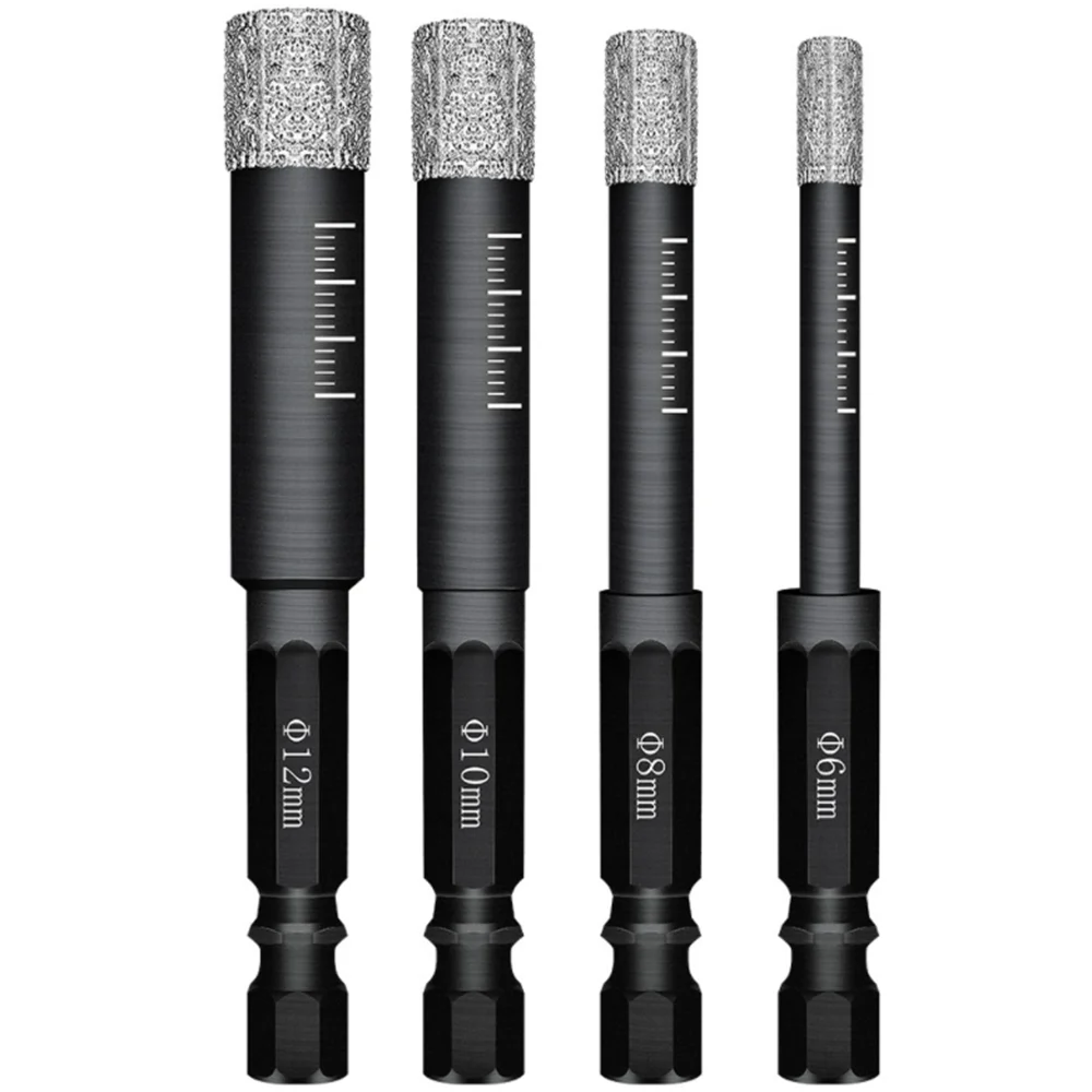 

Набор алмазных сухих сверл 6/8/10/12 мм, вакуумно-паяные корончатые сверла с быстросменным шестигранным хвостовиком для керамогранита, гранита, плитки, мрамора