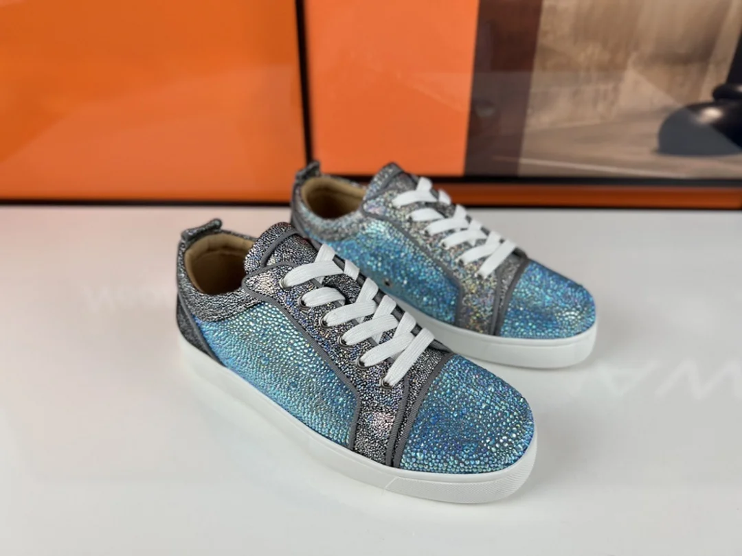 Luxury Blue Glitter Rhinestone Spike Sneakers Handmade Crystal Studded High Tops Party Club Wedding Shoes Trendy Designer