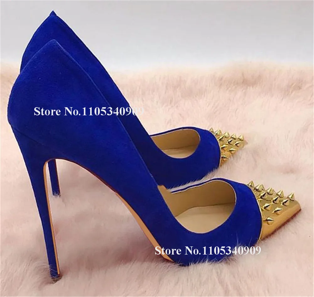 Bondarenko Sexy Gold Pointed Rivets Toe Stiletto Heel Pumps Blue Orange Red Pink Slip-on 12cm Thin Heel Party Heels Dance Shoes
