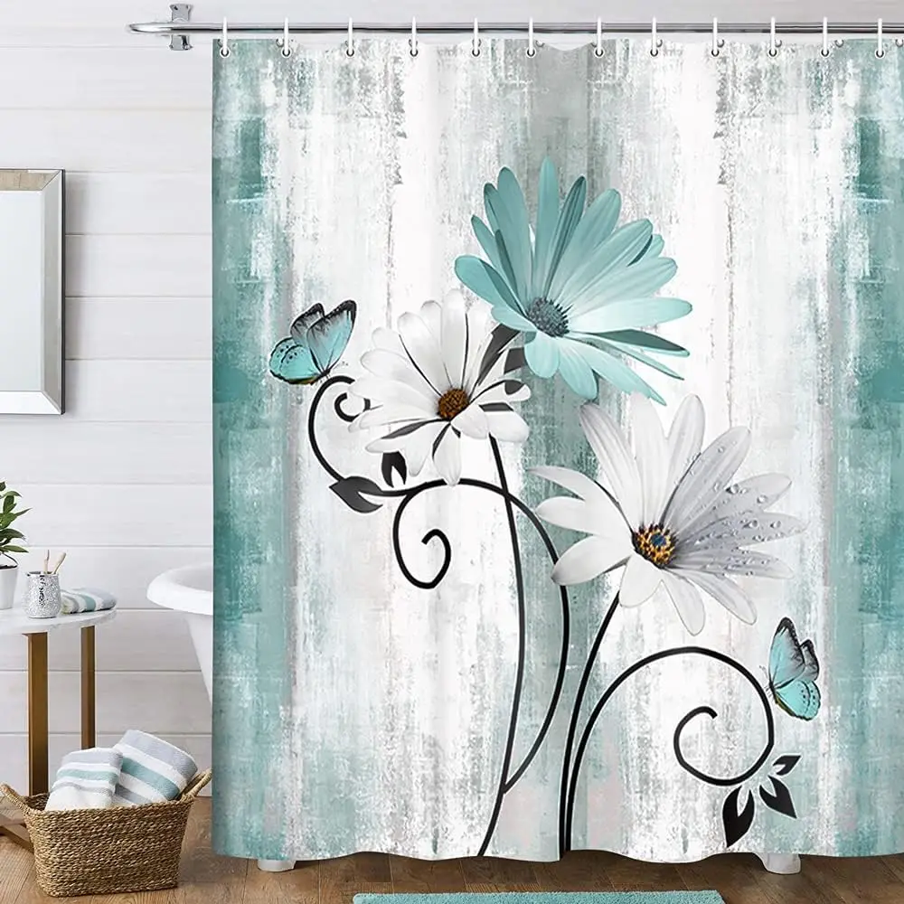 

Rustic Farmhouse Shower Curtain, Farm Teal Daisy Floral Flowers and Butterfly on Country Wooden Shower Curtain for Bathroom