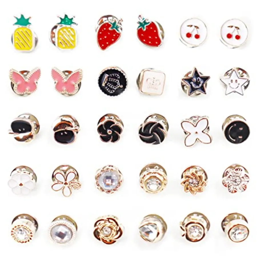 Women Shirt Brooch Buttons, 30 PCS Mini Cover up Button Pins, Cute Enamel Lapel Pin Set, Cardigan Collar Safety Brooch Buttons