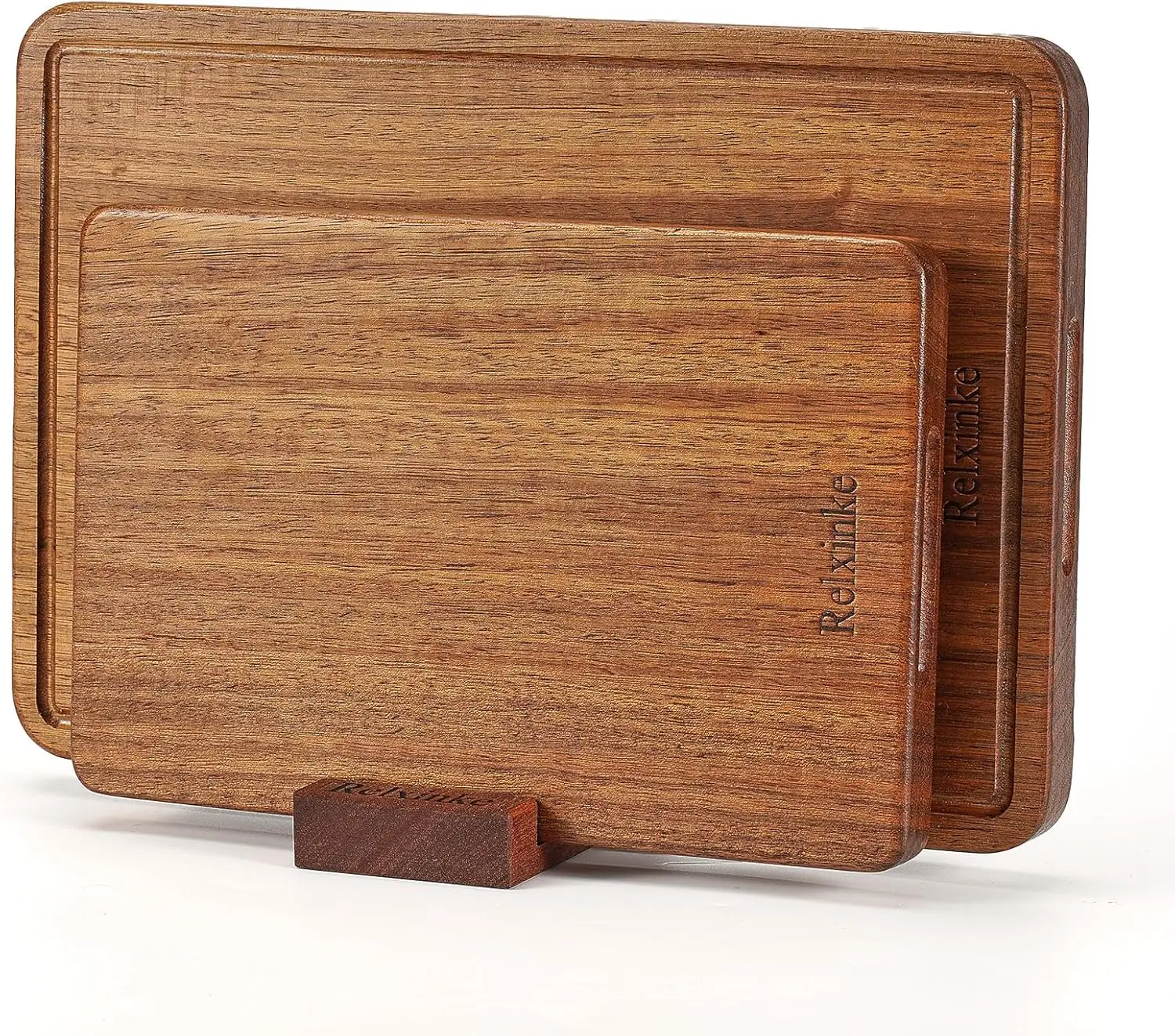 

Solid Teak Wood Cutting Board Set, 2-Piece, Large & Thick, Crack Resistant with Juice Grooves, Built-in Handles, 15x10.2 & 11.8x7.9 Inches