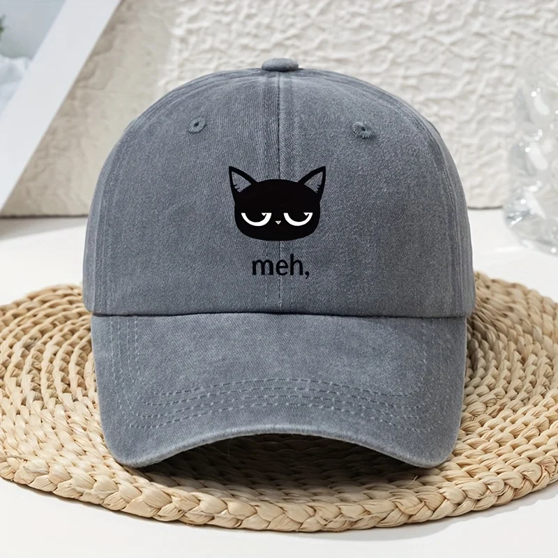 Cartoon black cat print vintage washed baseball cap, unisex dad cap, soft top washed duckbill cap, outdoor image 3
