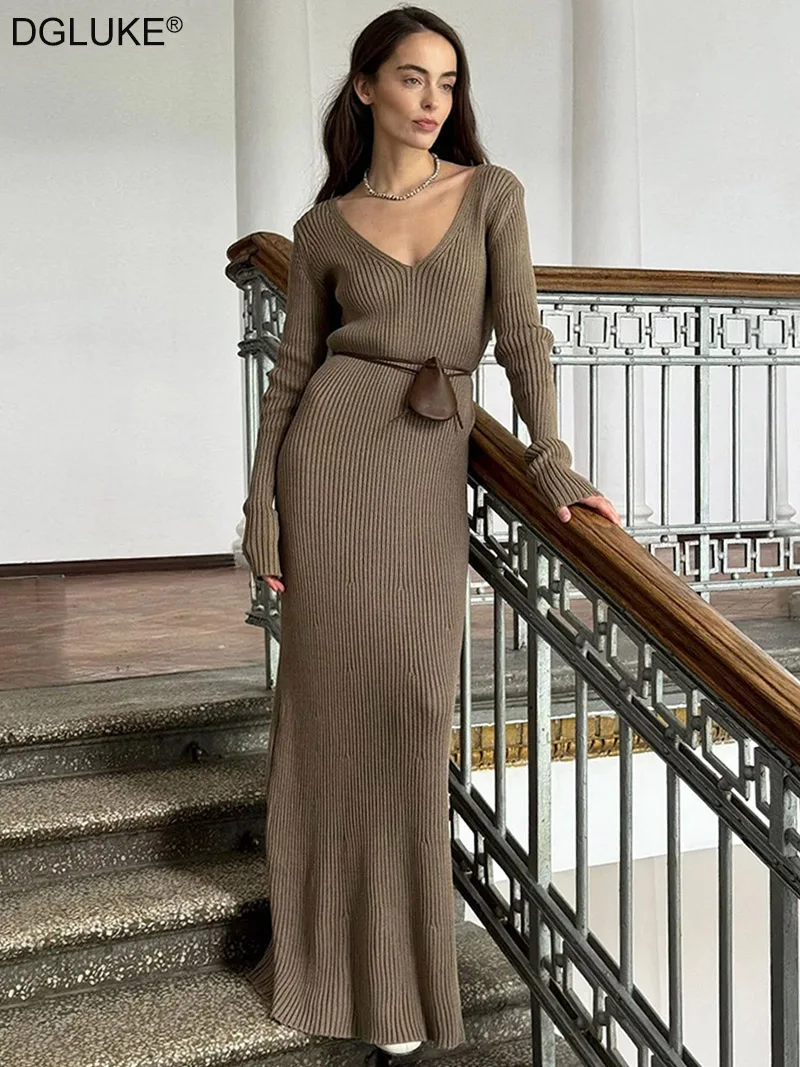 

DGLUKE 2025 Autumn Winter Sweater Dresses For Women V-Neck Long Sleeve Long Dress Ribbed Knit Maxi Dress Bodycon