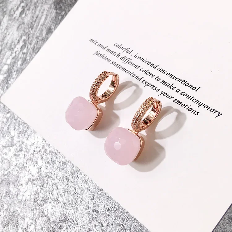 Baoyocn Women Fashion Multicolor Faceted Crystal Candy Square Earrings Silver Rose Gold Color Zirconia Stones Water Drop Earring